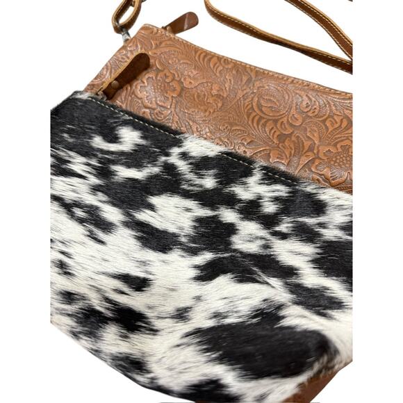 MYRA Leather Western Cow Hair Animal Print Crossbody Bag Tooled Leather - Picture 2 of 7